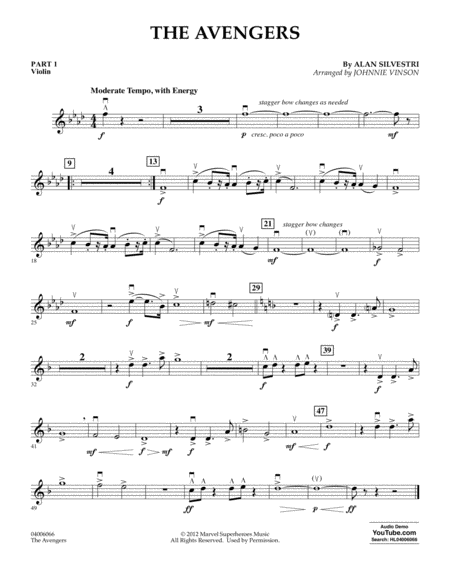 The Avengers Arr Johnnie Vinson Pt 1 Violin Sheet Music