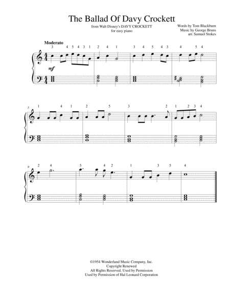 The Ballad Of Davy Crockett From Walt Disneys Davy Crockett For Easy Piano Sheet Music