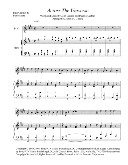 The Beatles Across The Universe For Bass Clarinet Piano Sheet Music