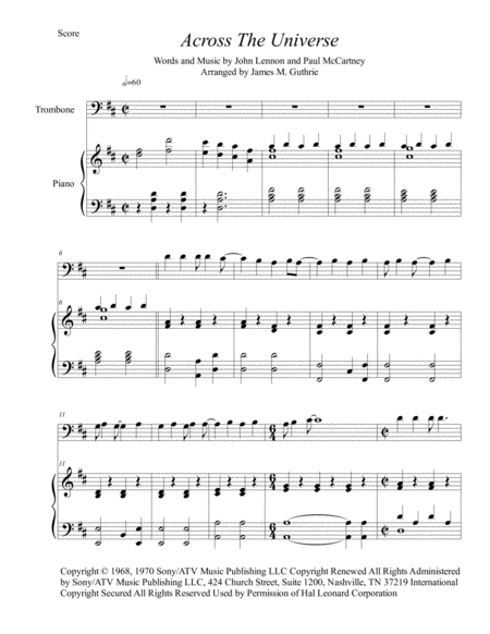 Free Sheet Music The Beatles Across The Universe For Trombone Piano