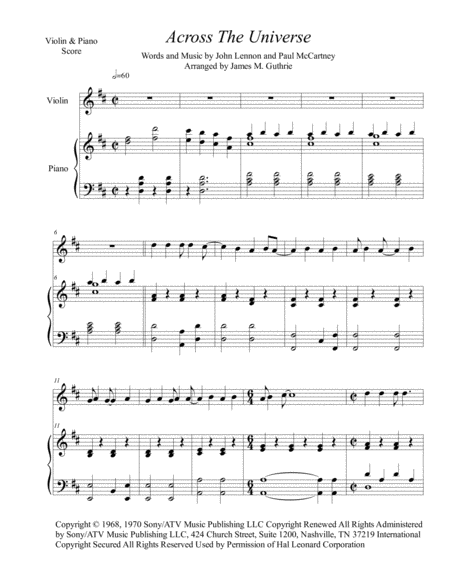 Free Sheet Music The Beatles Across The Universe For Violin Piano