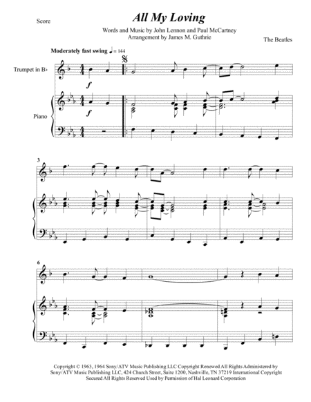 Free Sheet Music The Beatles All My Loving For Trumpet Piano