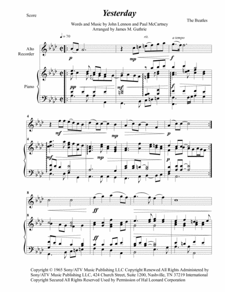 Free Sheet Music The Beatles Yesterday For Alto Recorder Piano