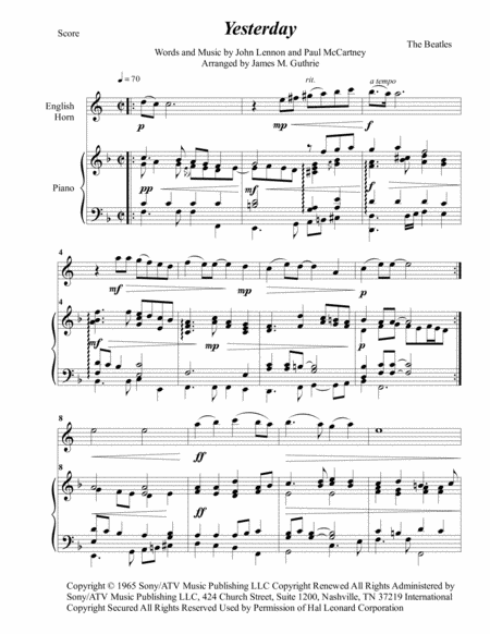 The Beatles Yesterday For English Horn Piano Sheet Music