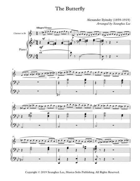 Free Sheet Music The Butterfly By Alexander Ilyinsky For Bb Clarinet And Piano Arr Seunghee Lee