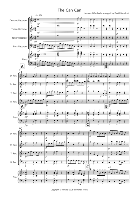 The Can Can For Recorder Quartet Sheet Music