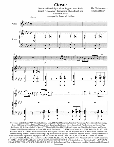 The Chainsmokers Closer For Oboe Piano Sheet Music