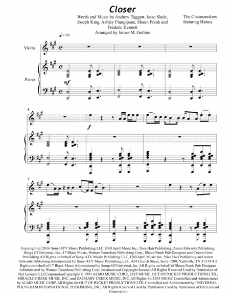 The Chainsmokers Closer For Violin Piano Sheet Music