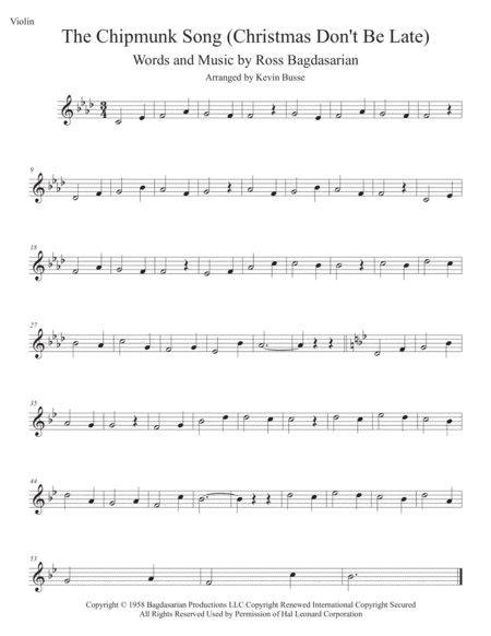 The Chipmunk Song Christmas Dont Be Late Original Key Violin Sheet Music