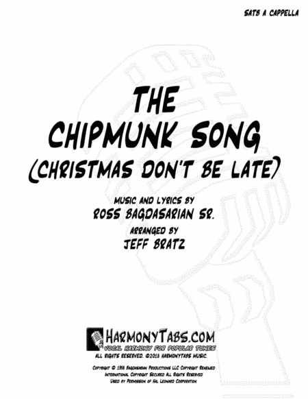 Free Sheet Music The Chipmunk Song Christmas Dont Be Late Satb A Cappella