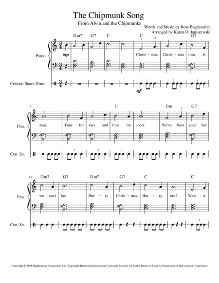 Free Sheet Music The Chipmunk Song For Easy Snare Drum And Piano