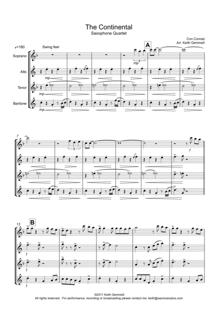 The Continental For Saxophone Quartet Sheet Music