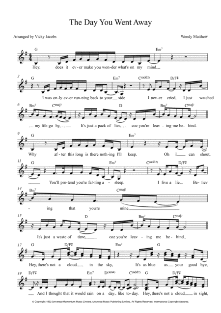 The Day You Went Away Lead Sheet For Singalongs Sheet Music