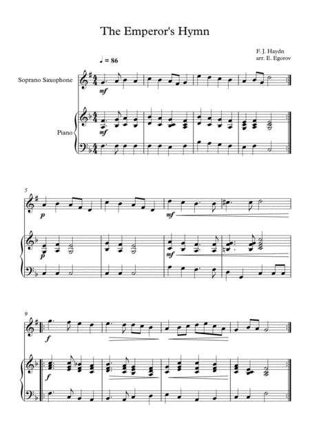 The Emperors Hymn Franz Joseph Haydn For Soprano Saxophone Piano Sheet Music