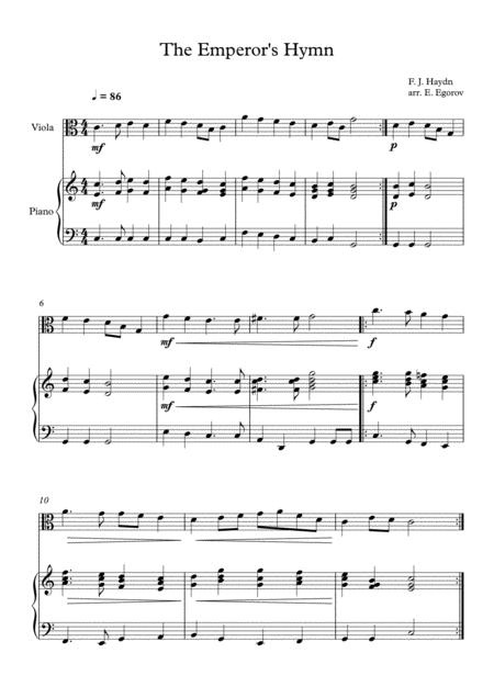 The Emperors Hymn Franz Joseph Haydn For Viola Piano Sheet Music