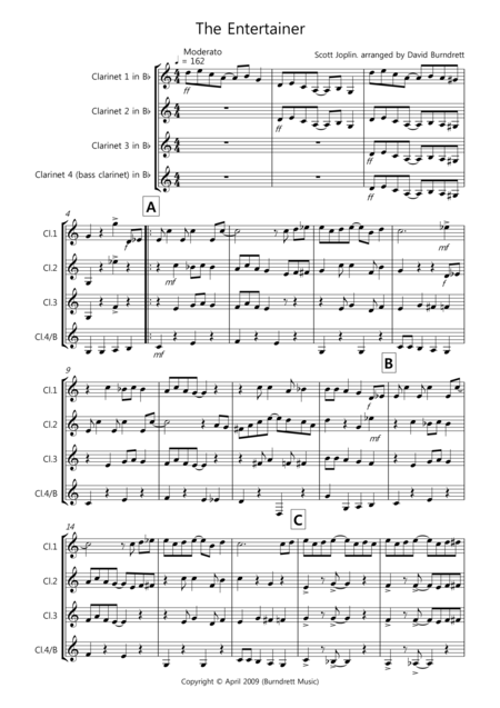 Free Sheet Music The Entertainer For Clarinet Quartet