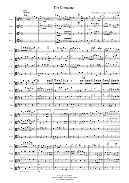 The Entertainer For Viola Quartet Sheet Music