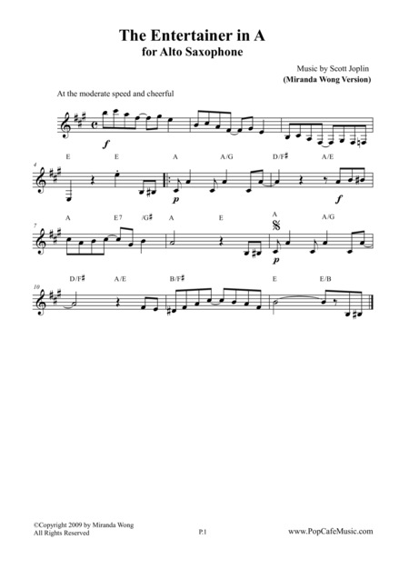 Free Sheet Music The Entertainer In A Alto Saxophone Solo