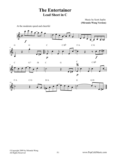 Free Sheet Music The Entertainer Lead Sheet In C Key