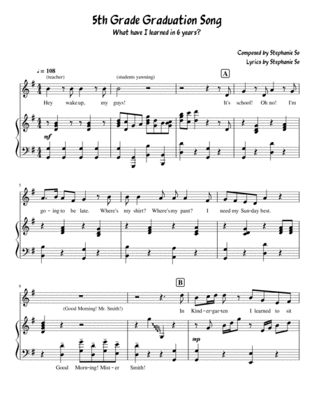 Free Sheet Music The Fifth 5th Grade Graduation Song Lower School Choir Piano