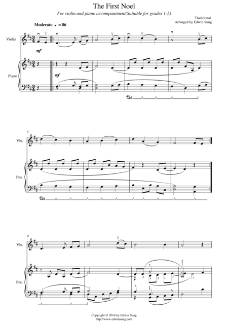 Free Sheet Music The First Noel For Violin And Piano Suitable For Grades 1 5