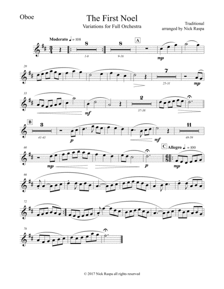 The First Noel Variations For Full Orchestra Oboe Part Sheet Music