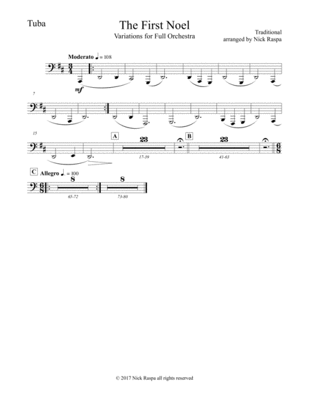 The First Noel Variations For Full Orchestra Tuba Part Sheet Music