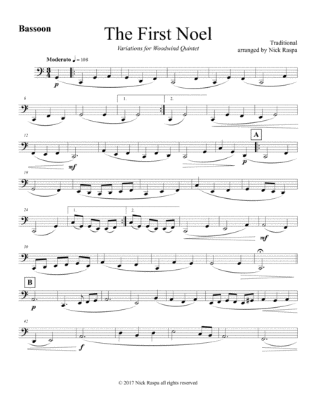 Free Sheet Music The First Noel Variations For Woodwind Quintet Bassoon Part