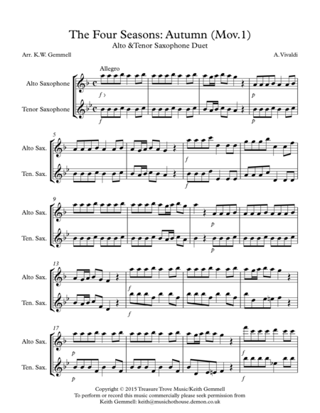 The Four Seasons Autumn Mov 1 Alto Tenor Saxophone Duet Sheet Music