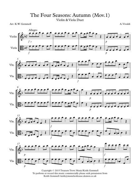 Free Sheet Music The Four Seasons Autumn Mov 1 Violin Viola Duet