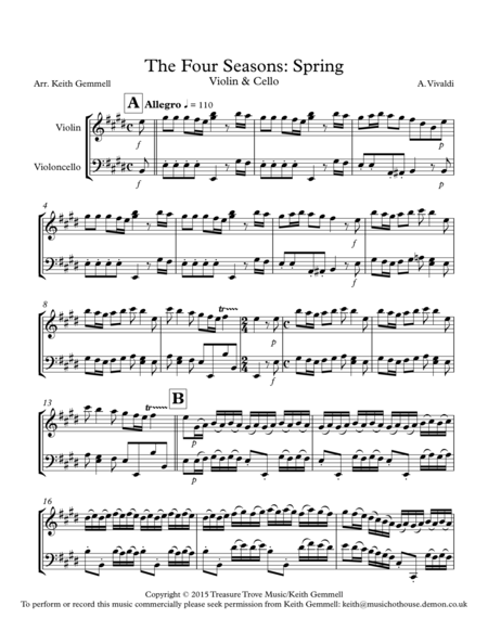 Free Sheet Music The Four Seasons Spring Violin Cello Duet