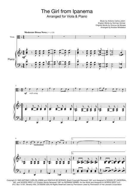 Free Sheet Music The Girl From Ipanema Arranged For Viola And Piano