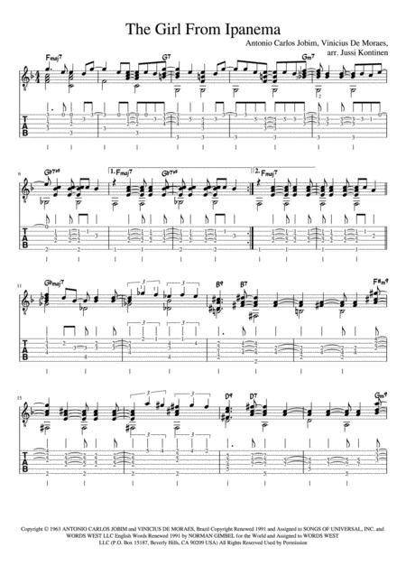 Free Sheet Music The Girl From Ipanema Solo Guitar Arrangement