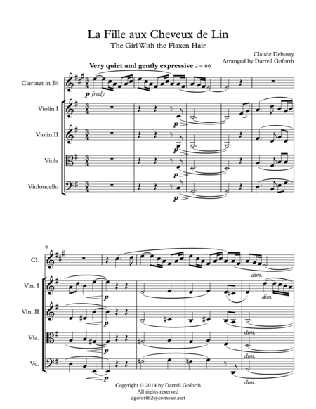 The Girl With The Flaxen Hair For Clarinet In Bb And String Quartet Sheet Music