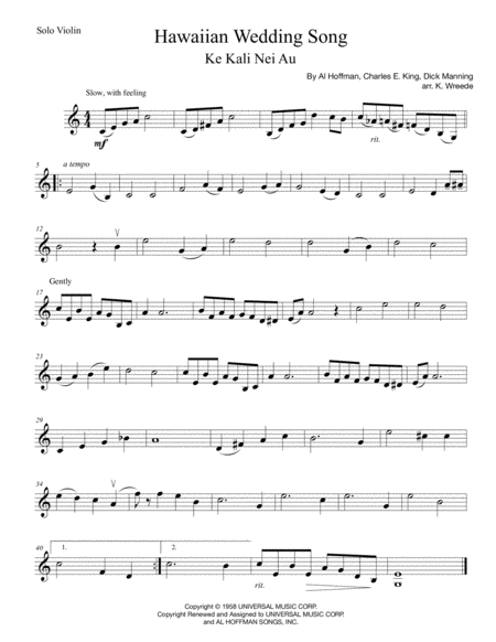 The Hawaiian Wedding Song Ke Kali Nei Au Sheet Music