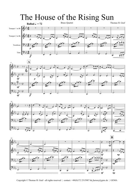 The House Of The Rising Sun Brass Quartet Sheet Music