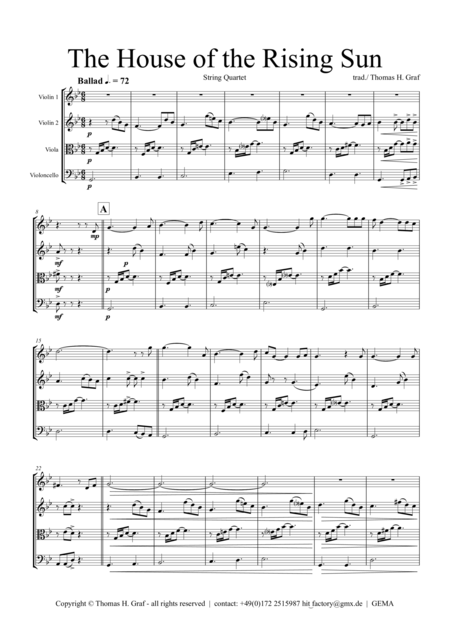 Free Sheet Music The House Of The Rising Sun String Quartet