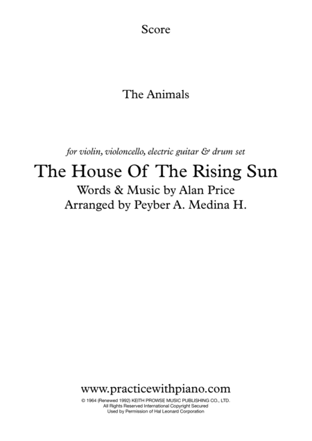 The House Of The Rising Sun The Animals For Violin Violoncello Electric Guitar And Drum Set Sheet Music