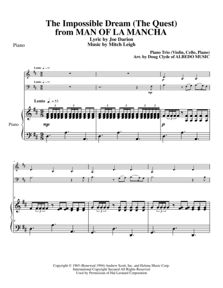 The Impossible Dream The Quest From Man Of La Mancha For Piano Trio Sheet Music