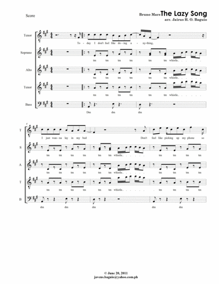 The Lazy Song By Bruno Mars A Cappella Satb Solo Mixed Choir Sheet Music