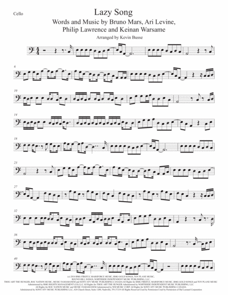 The Lazy Song Cello Easy Key Of C Sheet Music