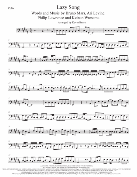 Free Sheet Music The Lazy Song Cello Original Key