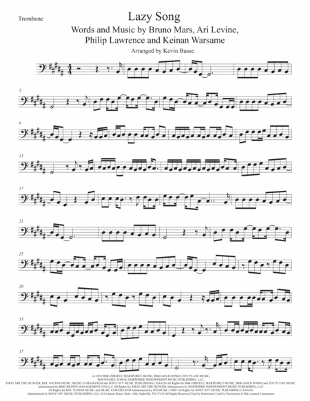 The Lazy Song Trombone Original Key Sheet Music