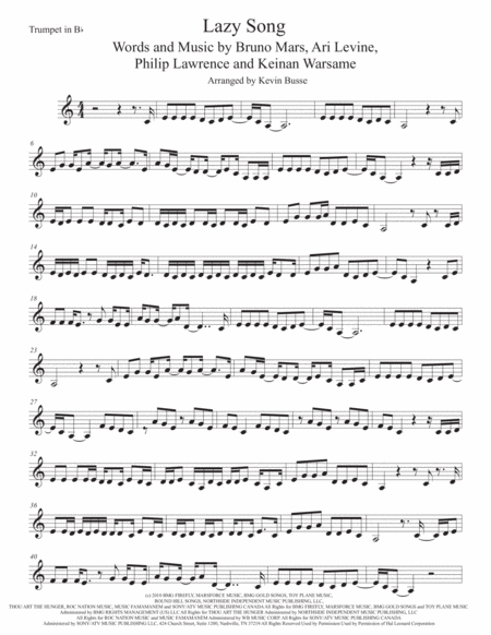 The Lazy Song Trumpet Easy Key Of C Sheet Music