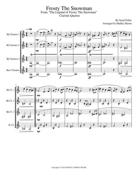 The Legend Of Frosty The Snowman For Clarinet Quartet Sheet Music