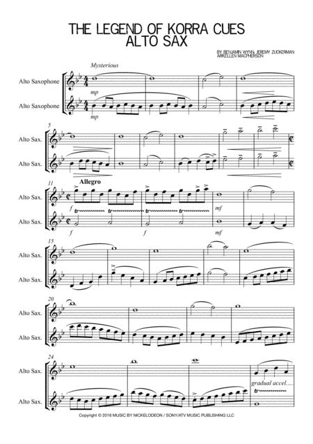 Free Sheet Music The Legend Of Korra Cues Alto Sax Duet