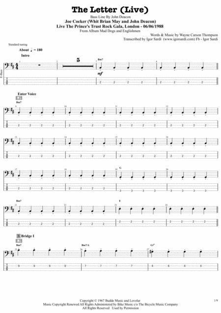 The Letter Live 88 Joe Cocker Whit John Deacon Complete And Accurate Bass Transcription Whit Tab Sheet Music