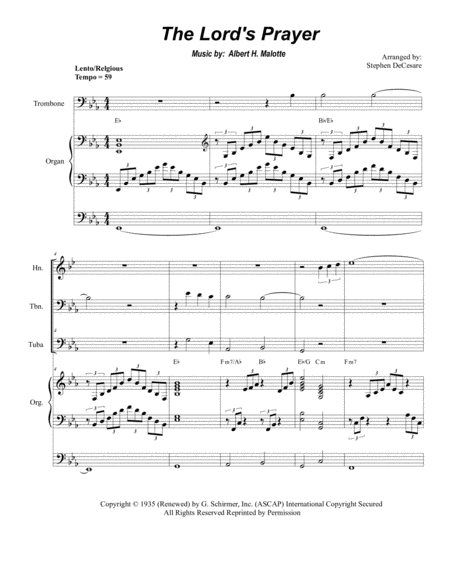 The Lords Prayer For Brass Quintet Organ Accompaniment Sheet Music