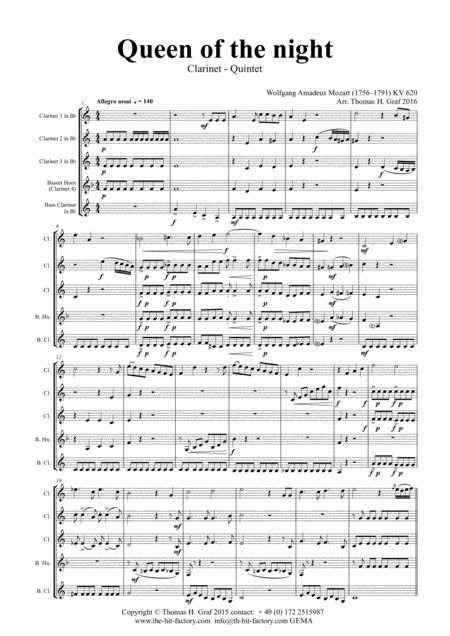 The Magic Flute Mozart Queen Of The Night Clarinet Quintet Sheet Music