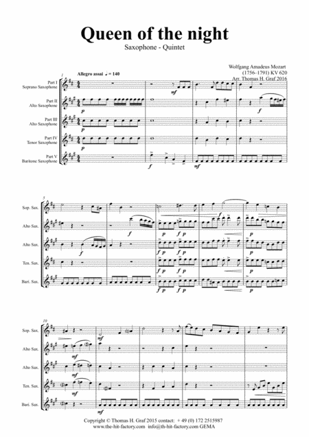 The Magic Flute Mozart Queen Of The Night Saxophone Quintet Sheet Music